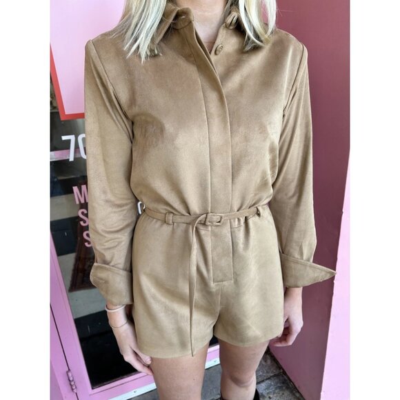 NWT Alexis Archers Romper Tan Vegan Suede Long Sleeve Size XS - Picture 8 of 10